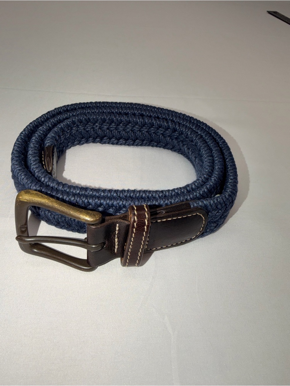 Orvis Mens Braided Belt Size 38 Navy Blue Leather Trim Solid Brass Buckle